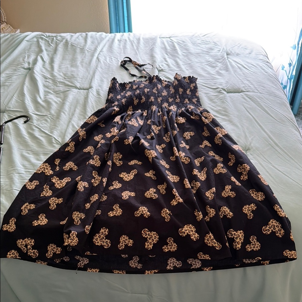 Smocked Black Sundress with Beige Mickey Mouse Leopard Print